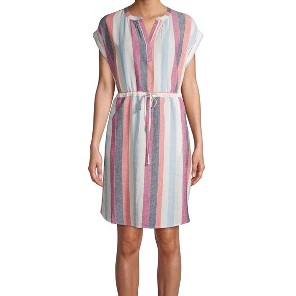 Time and Tru Vertical Stripe Cinched Waist Dress in Magenta Quartz Stripe Large - Picture 1 of 10